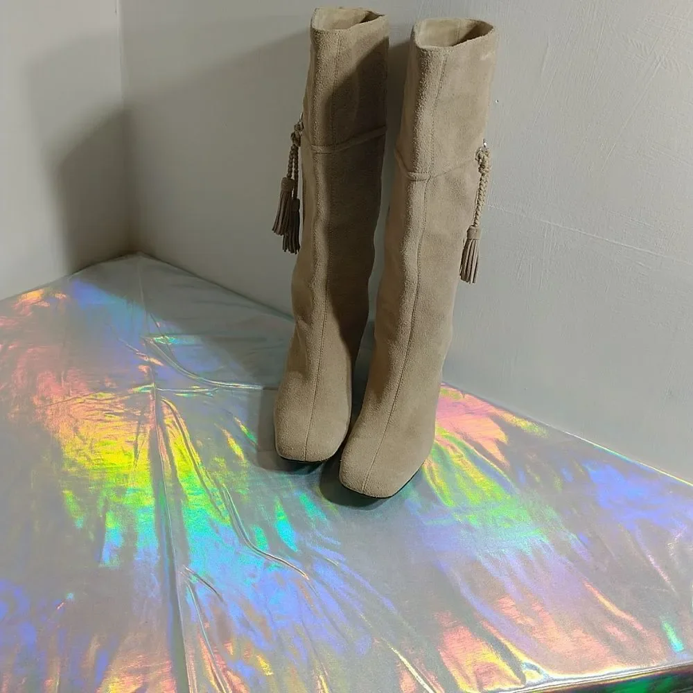 Cole Haan Womens SZ 5B Beige Suede Pull Up Mid Calf Boots.